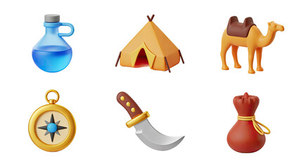Desert Adventure Set Featuring Water Bottle, Tent, Camel, Compass, Knife, and Pouch