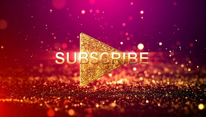 Golden play button with subscribe text over glittery background