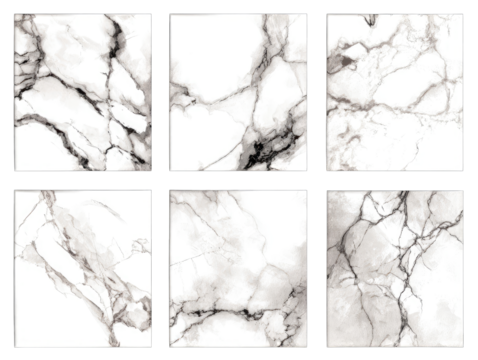 Six marble tile samples, white background