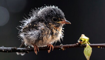 A fledgling bird with damp, ruffled feathers sits on a twig against a blurred dark background. Drops of water cling to its down