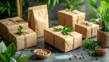 Eco-Friendly Packaging with Natural Embellishments: An array of eco-conscious packages and bags, tied with twine and adorned with fresh greenery, are artfully arranged amidst lush plants.