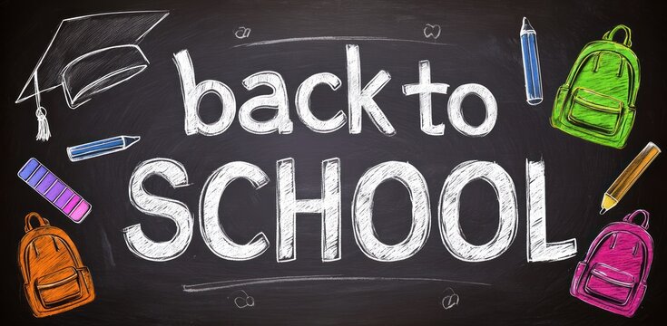 Chalkboard reads "back to SCHOOL" with school supplies like backpacks, pencils, crayons and graduation cap drawn in chalk around the text - Powered by Adobe