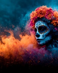 Mysterious Skull Face Surrounded by Colorful Smoke and Flowers