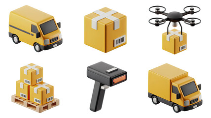 Delivery Van, Package, Drone, Pallet, Barcode Scanner, and Truck on Transparent Background