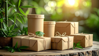 Eco-Friendly Product Display: An array of sustainably packaged products, including boxes and containers, rests on a natural wood surface, adorned with fresh greenery.