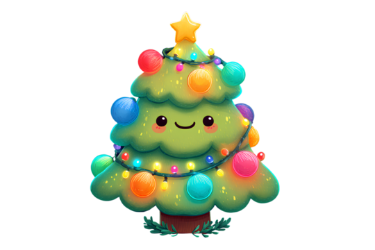Cartoon Cute Christmas Tree with Smiling Face and Colorful Lights, Playful Design, Isolated on Transparent Background.png