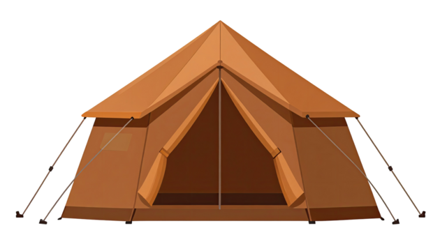 A brown camping tent. Front view