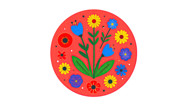 Circular arrangement of colorful flowers on a coral background