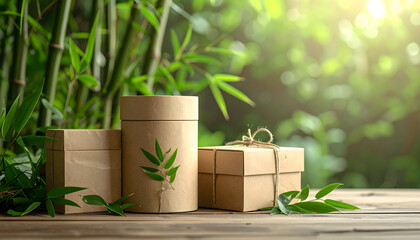 Eco-Friendly Packaging: Rustic cardboard boxes and containers showcase sustainable packaging solutions amidst lush bamboo and verdant leaves, promoting a mindful approach to eco-conscious choices.