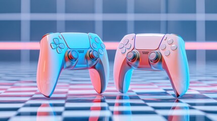 Modern video game controllers in vibrant colors on a reflective checkered surface with neon lighting effects