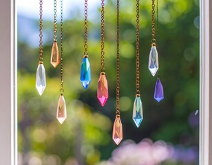 Colorful crystal pendants hanging from chains,  blurred out-of-focus greenery behind