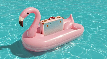Pink Flamingo Inflatable Pool Float with Suitcase on Water Scene
