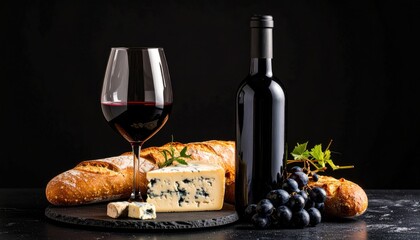 A still-life composition featuring red wine, grapes, baguette, and blue cheese arranged on a dark slate against a stark black backdrop