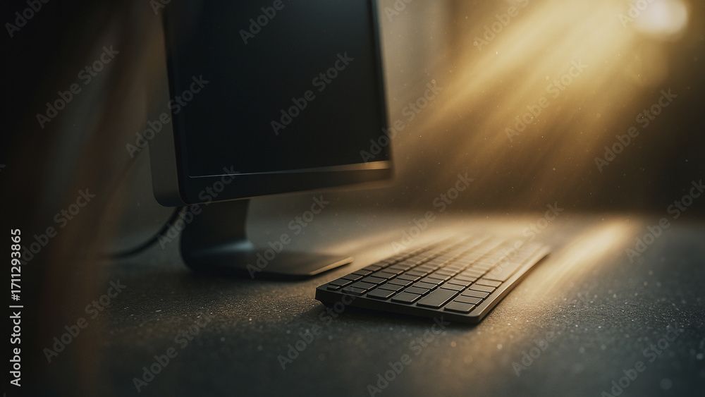 Poster digital workspace: a modern computer setup is bathed in the warm glow of digital innovation. keyboar