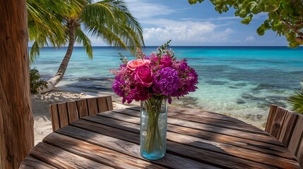 Colorful Flower Bouquet in Glass Vase on Wooden Outdoor Table by Tropical Beach
