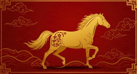 Golden Horse on Red Background with Clouds - Traditional Chinese Style