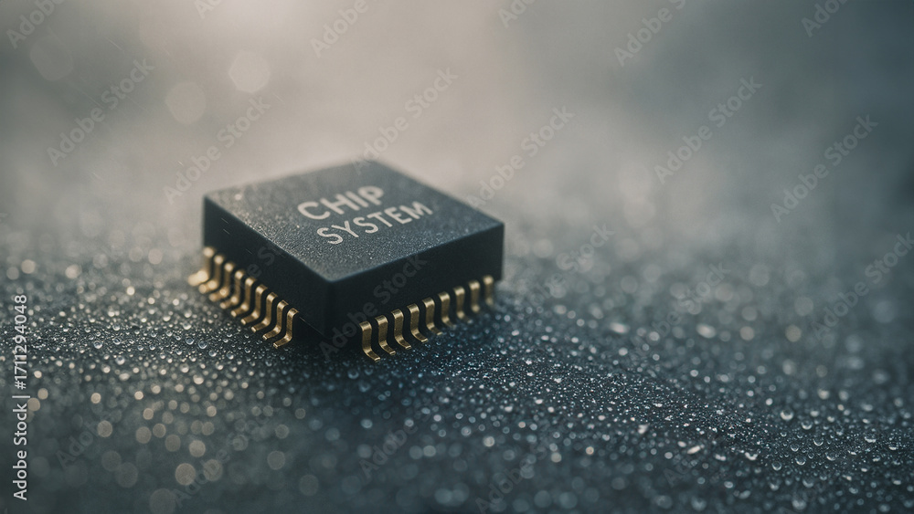 Poster technology's microcosm: a close-up shot of a state-of-the-art microchip, showcasing the intricate de