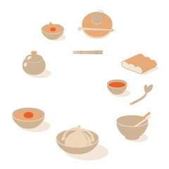 Fine art photography of classic Korean food silhouettes in a clean vector style, presented on a white background with soft contrast and saturation, conveying timeless elegance