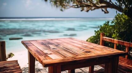 Wooden Outdoor Dining Table in Tropical Beach Setting with Ocean View