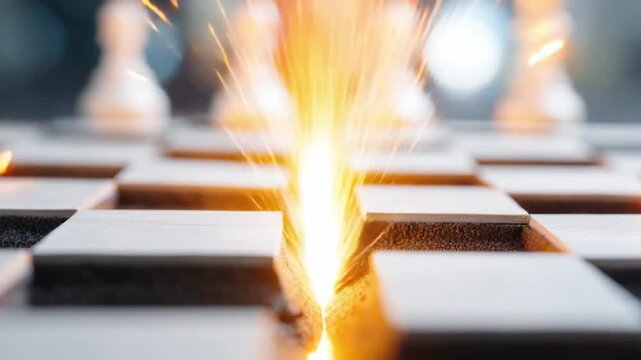 Strategic Spark: A chess board ignites with a burst of dynamic sparks, with pawn pieces standing in anticipation, visually representing strategy, competition, and the clash of minds.