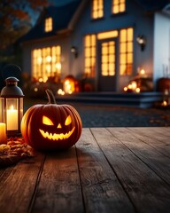 Jack o lantern on wooden porch with lantern and warm house lights