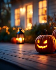 Glowing jack o lantern with lantern light on wooden porch during Halloween night