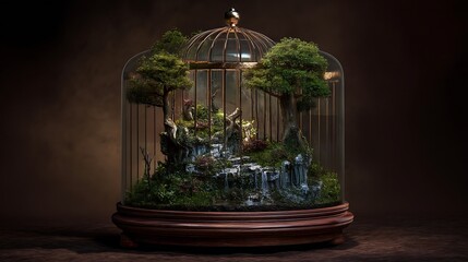 Miniature Garden in Glass Dome with Trees Waterfall and Rocks Artistic Display