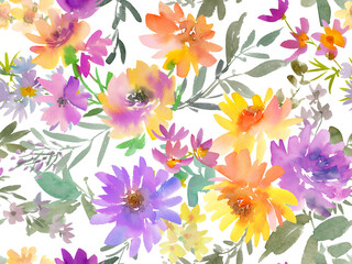 Watercolor Seamless Floral Pattern with Abstract Hand painted dahlia and wild flowers. Autumn Floral textile design for fabric and stationary. Modern Botanical wallpaper on a transparent background.
