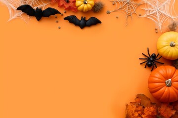 Orange halloween background with pumpkins bats and copy space
