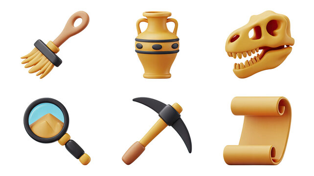 Archaeology Tools 3D Render Brush Vase Dinosaur Skull Magnifier Pickaxe Scroll Isolated