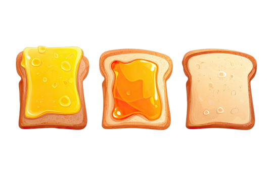 Three slices of toast, each topped with a different spread