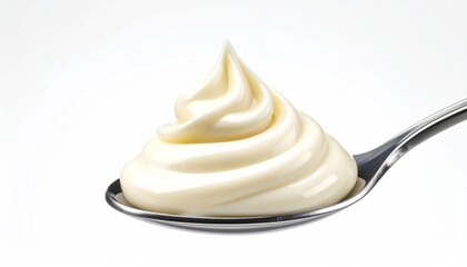 Shiny metal spoon holds a swirl of creamy white condiment, with a smooth texture and a pointed tip, against a bright white backdrop