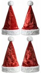 Four red Christmas hats with white fur trim and pom-poms against a stark white background, arranged in a two-by-two grid pattern