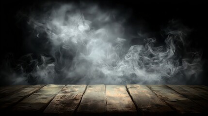 Billowing white smoke over rustic wooden boards on dark studio background
