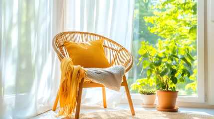 Sunny rattan chair yellow pillow cozy throw bright window houseplant natural light white curtain wooden floor serene corner summer vibe create calm cozy indoor nook with soft sunlight filtering