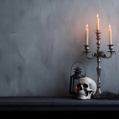 Skull lantern and silver candelabra on dark shelf with gray wall