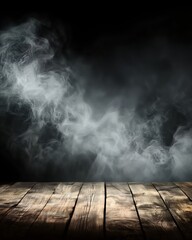 Dark smoky backdrop with rustic wooden table and drifting mist