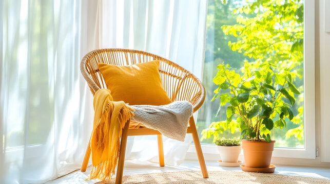 Sunny rattan chair yellow pillow cozy throw bright window houseplant natural light white curtain wooden floor serene corner summer vibe create calm cozy indoor nook with soft sunlight filtering