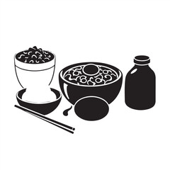 Modern flat design, classic black and white vector silhouette of Korean food against a pure white background, embodying timeless elegance with simple, two-dimensional shapes
