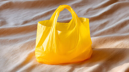 Naklejka premium Yellow plastic bag reusable eco shopping soft light minimal wrinkle fabric indoor bright