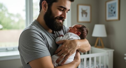 Loving bearded dad cradling newborn baby in nursery embracing parenthood joy