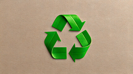 Green recycle symbol eco icon green arrow loop arrow sustainability recycled paper craft paper textured background ecology environmental green color clean design 3D style minimal sign