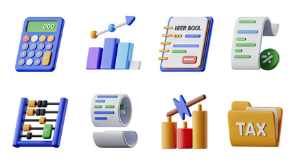 Accounting and Finance 3D Icons Set Calculator, Chart, Ledger, and Tax Management