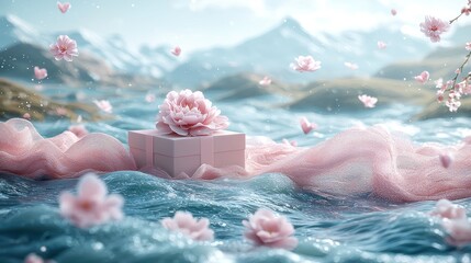 Pink gift box floating on water with flowers