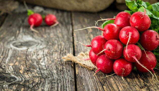 Fresh radishes on rustic wood