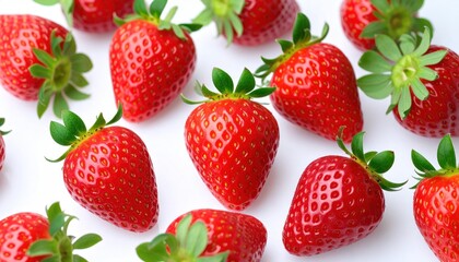 A vibrant collection of fresh, ripe strawberries, scattered artfully across a stark white surface, showcasing their bright red hue and green tops