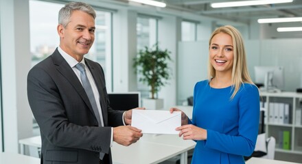 Professional appreciation: manager hands employee bonus in modern office setting