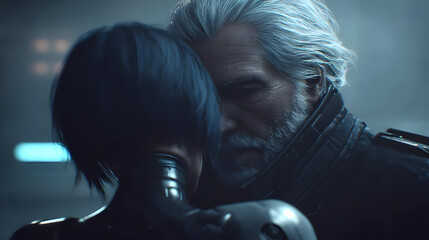 a virtual AI-generated partner during emotional moment in simulated environment