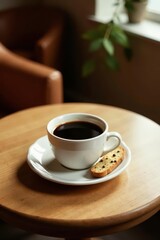 Obraz premium Aromatic Coffee Break Dark Roast in a White Mug with a Crisp Biscuit on a Wooden Table