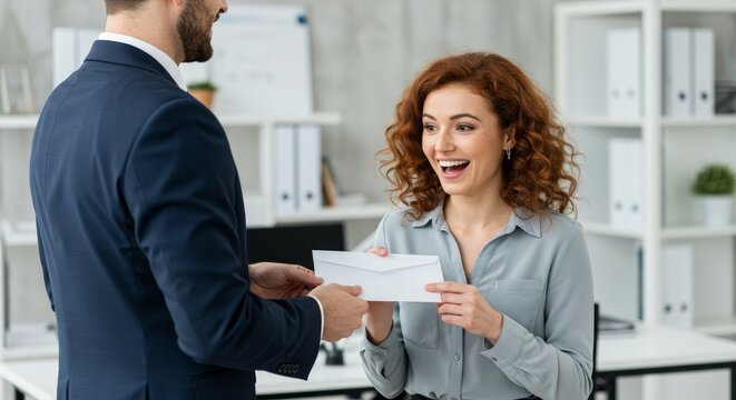 Employee receiving financial bonus in office environment with cheerful reaction